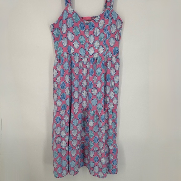 Simply Southern Womens XL Sleeveless Dress Pink Blue Sea Shell Print Ruffled - Picture 2 of 9